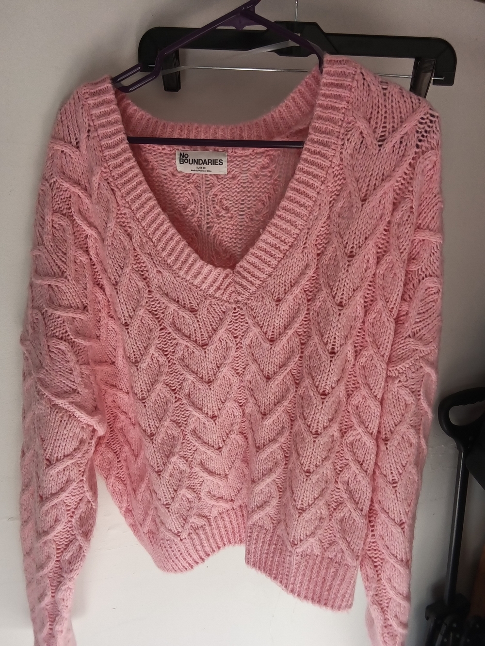 No Boundaries Pink Cable-Knit V-Neck Sweater